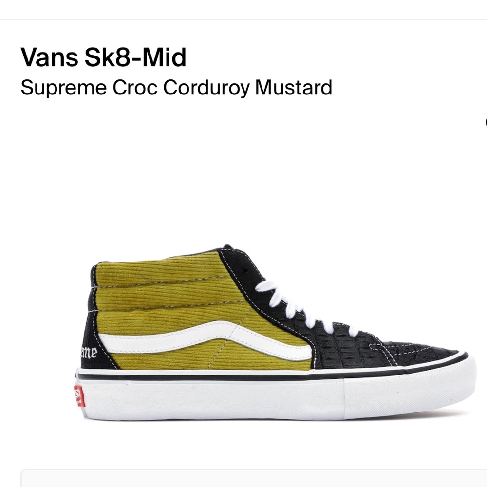 VANS X SUPREME croc corduroy mustard Sk8-mid men’s size 12